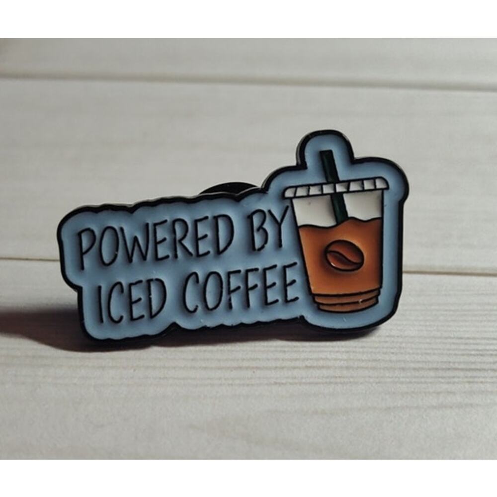 Funny Powered By Iced Coffee Pin Humor Lapel Hat Badge